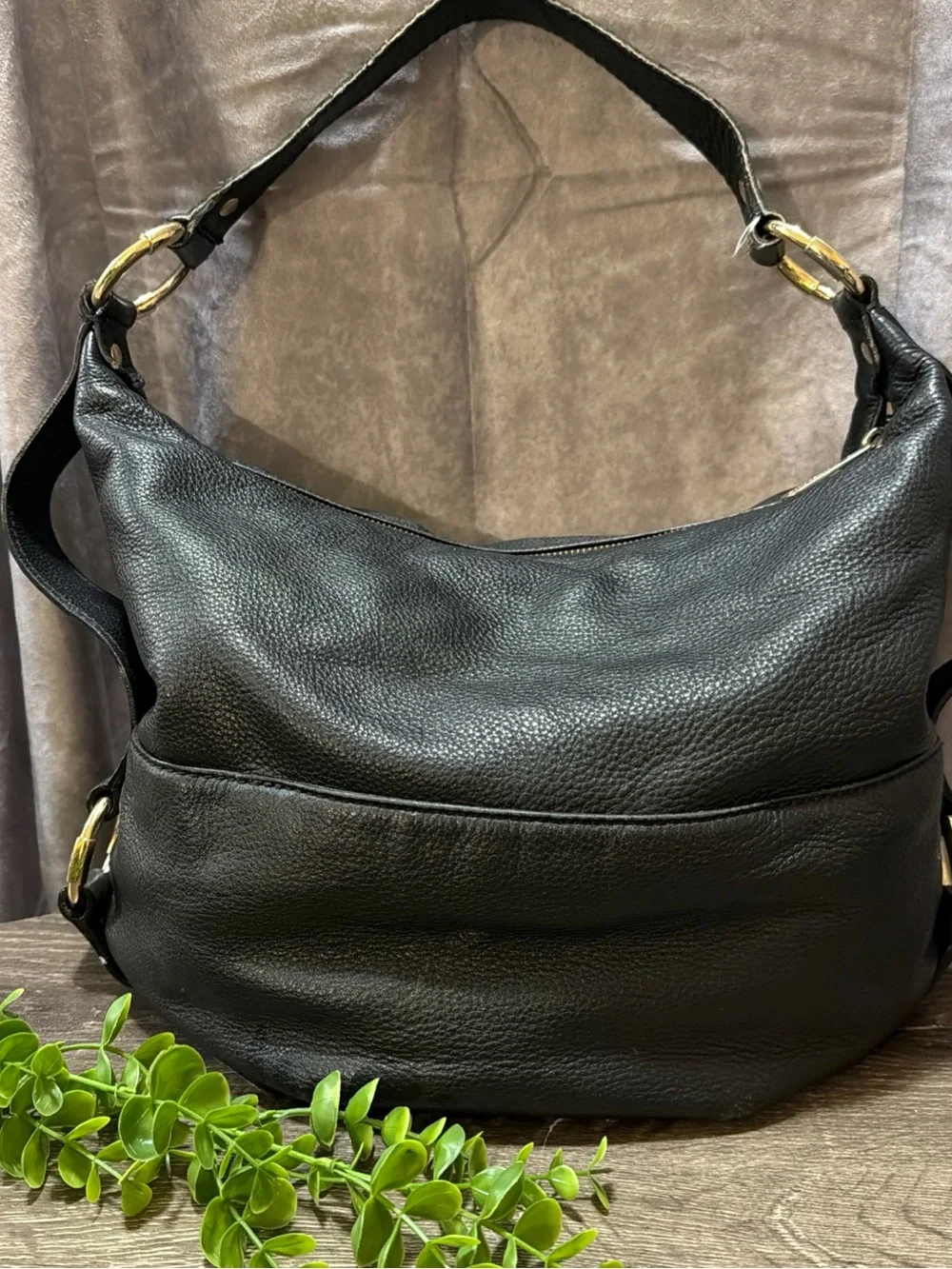 Michael Kors Black Pebbled Leather Hobo Bag MK Logo Shoulder Purse